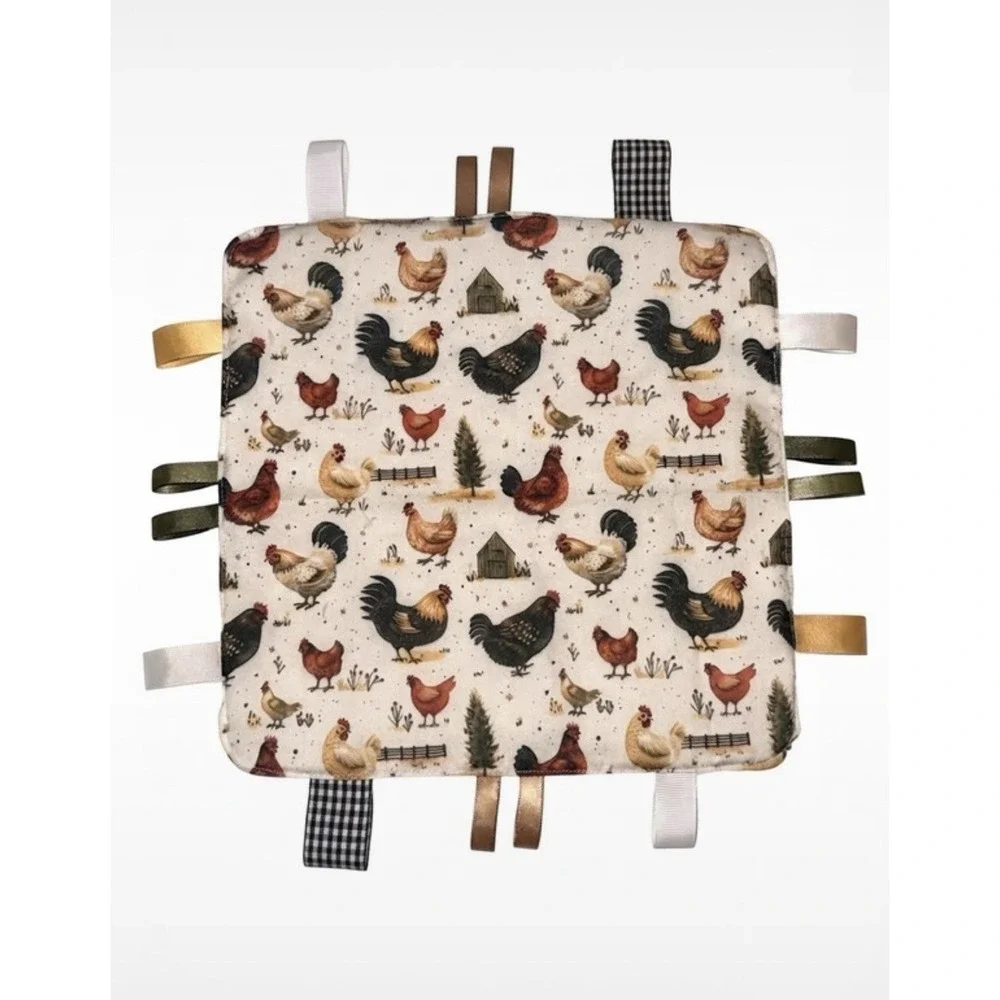 Handmade Sensory Tag Blanket - Farmhouse Chicken & Rooster Print Lovey